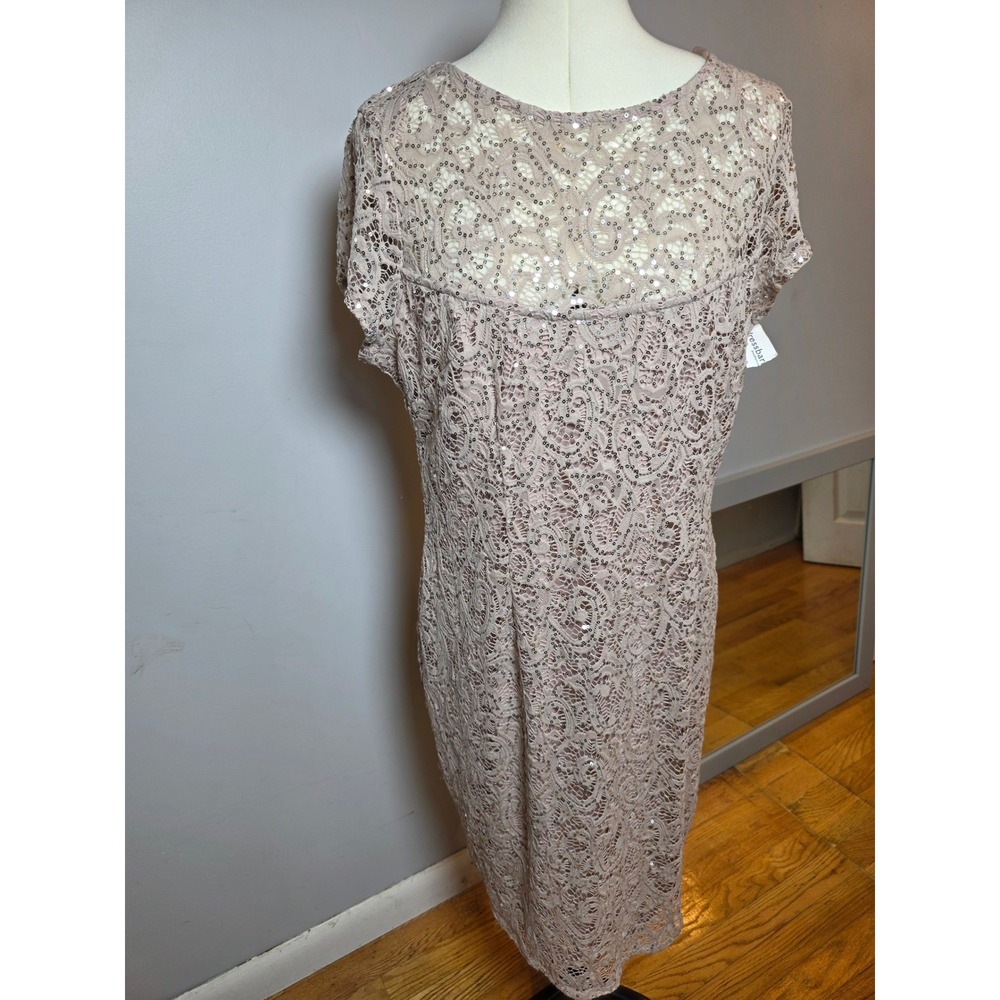 Dressbarn Sequin Lace Sheath Dress Pink Taupe Size 16 Wedding Guest Classic